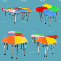 Mobile wheel conference training table triangle hexagon combination tutorial class creative function classroom desks and chairs