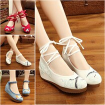 Ethnic style cloth shoes womens dark wedge belt Tang Cai Tang dress womens black female youth Wangfujing middle high-heeled room