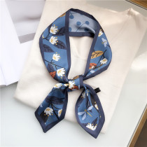 Temperament ribbon print small silk scarf small long blue gray leaves flowers double-sided narrow bag ribbon scarf