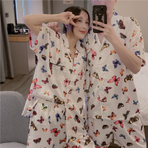 Summer short sleeve lovers cardiovert sleepwear thin ice silk butterfly printed home Big Code Imitation Real Silk silk suit