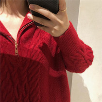 This Life Year Red Sweater Women 2021 New Half Zipped Twist Jumpsuit Jacket Head Loose Christmas Wind sweater thickened