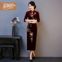 Wedding mother gold velvet cheongsam dress 2021 new autumn winter long large size wedding wedding dress