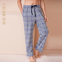 Shile mens home pants cotton trousers Plaid printing waist thin pajama pants loose casual mens pants