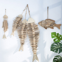 Mediterranean style wooden size fish skewer fish bone pendant Creative fishing net pendant Home wall decoration Wall decoration