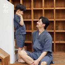 Songyong Chunxia cotton and hemp parent-child Hanfu mens childrens check home clothing Japanese loose bathrobe short sleeve short sleeves