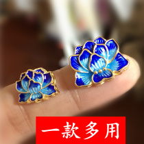 Cloisonne 925 sterling silver burnt blue accessories tee bead enamel Lotus diy handmade material pendant jewelry Special