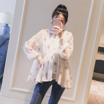 Pregnant womens top long-sleeved short a-line autumn suit loose doll shirt summer Chiffon spring top womens two-piece suit