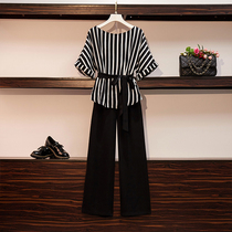 Plus size womens summer clothes for fat sisters 2023 new trendy striped top and wide-leg pants two-piece suit that covers belly and looks thin