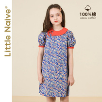 LittleNaive little innocent girl flower French cheongsam summer dress lapel collar color bubble sleeve dress