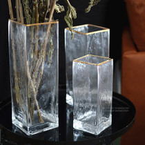 Light luxury water corrugated transparent gold edge square Vase ornaments modern simple soft home living room decoration crafts