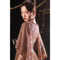 Host evening dress female 2022 new banquet temperament light luxury high-end sequined pink annual meeting dress high-quality texture