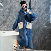 Autumn and winter new nightgown womens long section cartoon cute coral fleece plus velvet thickened hooded pajamas bathrobe home service