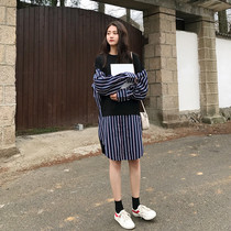 Large size womens clothing 2021 early autumn new fat mm loose thin stitching dress medium and long striped shirt skirt tide