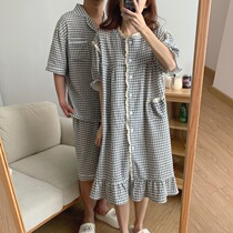 Japanese Gelato Lace Plaid Cotton Numb Lovers Pyjamas Woman Summer Short Sleeve Loose Sleeping Skirt Home Suit Suit