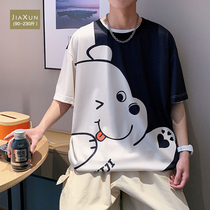Hong Kong Tide Cards Great White Bear Collision Color Printed Short Sleeve T-shirt Mens Harbor Wind Trendy Summer Brief Student Half-Amputee