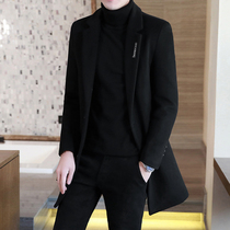 Mens casual autumn wool coat youth Korean trend woolen medium long trench coat winter thick coat