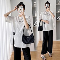 Pregnant Woman Summer New Suit Fashion Summer Big Code Pregnant Women Pants Two Sets Out Of Summer Clothing Slim Fit Fork T-shirt