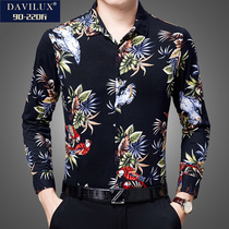 Winter new velvet thickened flower shirt mens middle and young mens casual large size printing warm long-sleeved shirt