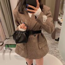 Send a belt very waist fine brown houndstooth love diamond plaid suit coat jacket
