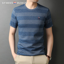 Short-sleeved T-shirt mens summer striped thin section round neck mercerized cotton 2021 new dad wild mens half-sleeve t-shirt