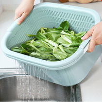 Double-layer wash basin plastic drainage basket leaky pot Tao rice artifact dish basket Tao cai pot home kitchen wash fruit basin