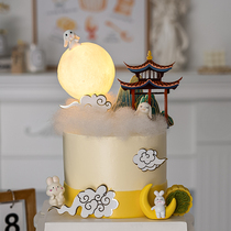 Mid-Autumn Festival Baking Cake Decoration Beautiful Luminous Moon Lamp Ornament Jade Rabbit Little Rabbit Cloud Pavilion Inserting Card