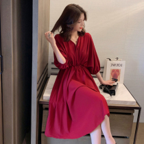 2022 Maternity Wear Summer Red Doll Sleeves Thin Breastfeeding Dress Loose Western Style Summer Knee-Length Skirt