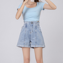 Shallow blue tied cowled jeans shorts summer thin 2022 new high - waist and thin - tied pants
