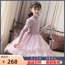 Girls dress 2022 new spring autumn girl sweaters Korean version lace princess dresses CUHK childrens web yarn dresses