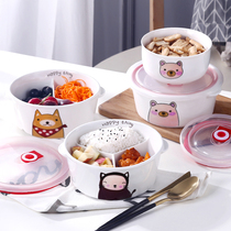 Cute office worker round bento box split ceramic sandwich lunch box divider cover heating microwave lunch box