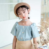 2022 Summer children Fashion new girl short Lantern Sleeve Square collar T-shirt CUHK Cotton Linen Fashion Fairy blouse