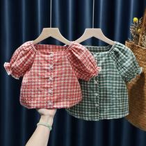 Children Lining Foreign Air Girl Shirt Summer Baby Plaid Short Sleeve Blouse Blouse The Baby Princess Doll Korean version