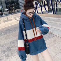 Hong Kong Tide Cards Autumn Winter New Korean version Ins loose Lazy Wind Plus Suede Lamb Wool and Hood Clothing Woman