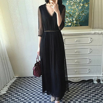 2022 new summer Fashion foreign temperament V collar long dress French style woman taste Summer conspicanity Feminine Dress