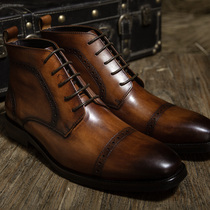 Inlen Retro Bull Leather Burlock Boots Male Sculpture Flower Business Casual Breathable Martin Boots High Help Shoes Genuine Leather Short Boots