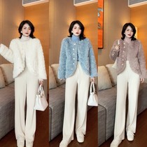 Aristocratic temperament female suit autumn and winter New fur small fragrant design niche wide leg pants three-piece suit