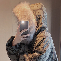 Dark Black Winter Smiley Face Cotton Padded Jacket Male loose wool collar Pike down cotton clothing net Red Fried Street Lovers cotton clothes hip hop