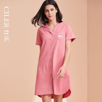 Shile cotton nightgown women spring and summer short sleeve Medium-length dress pajamas cotton casual loose thin models can be worn outside home skirt