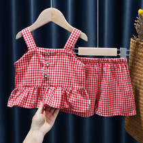 Female Baby Suit 2022 Summer Dress New Retro Little Girl Plaid Hanger With Shirt Shorts Girl Two Suits