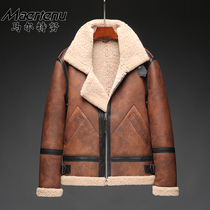 New fur one man vintage Brown B3 classic flying jacket leather fur coat winter thick warm