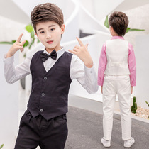 Boy handsome slim black and white suit vest Academy choir small host performance dress childrens horse clip