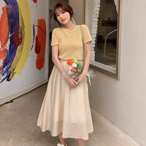 A5441 summer new Korean version round neck short sleeve sweater solid color skirt womens two-piece suit