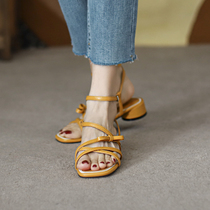 Sandals 2022 New female summer flat bottom thick heel cross with fine belt mesh red fairy Wind square head fashion Roman shoes