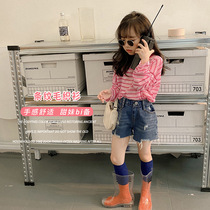 Girl Striped Knit Hooded Sweatshirt Sunscreen 2021 Autumn Han Edition Childrens Baby Round Collar Long Sleeve Mesh Red Undershirt Tide