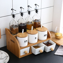 Household seasoning Box Kitchen ceramic seasoning jar combination set glass oil bottle oil and salt sauce vinegar pot double seasoning rack