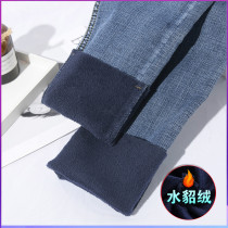 Plus velvet jeans women thick high waist stretch 2021 new winter size with velvet warm feet nine points outside wear
