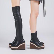 Fall winter knee-high boots women's 2021 new net red fall winter leather super high heel elastic slope heel high thin leather boots
