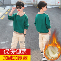 Boys winter clothes plus velvet suits 5 childrens clothes 9-year-old boy lapel clothes 14 fashionable leisure sports two-piece set