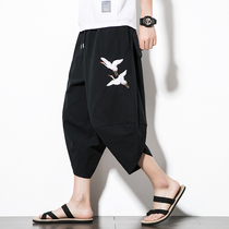 Summer Linen Shorts Chinese Wind Fairy Crane Embroidery Loose Seven-minute Pants Casual Beach Pants Mens Clothing Fat Sublegged Pants