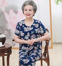 Middle-aged and elderly cotton silk pajamas two-piece set Grandma short sleeve cardigan home clothes old pajamas female summer artificial cotton